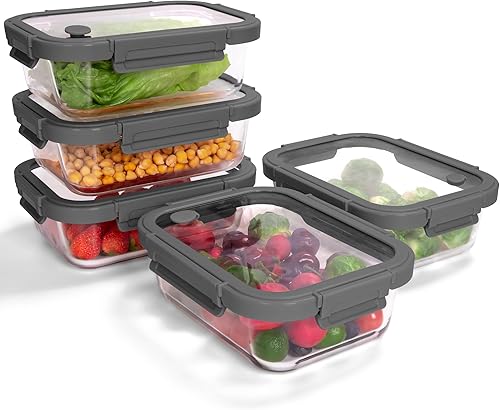 Miniatura 16 de Paquete de 5 recipientes de vidrio de borosilicato con tapas templadas, juego hermético de preparación de comidas de 35.2 oz/4.4 tazas, aptos para