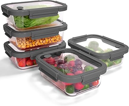 35.2oz Glass Meal Prep Containers with Snap Lock Lids 5-Pack - Freezer to Oven Safe -20 C to 510 C, BPA-Free, Stackable, Vent Valve for Easy Open, Borosilicate Glass Baking Dish Gray