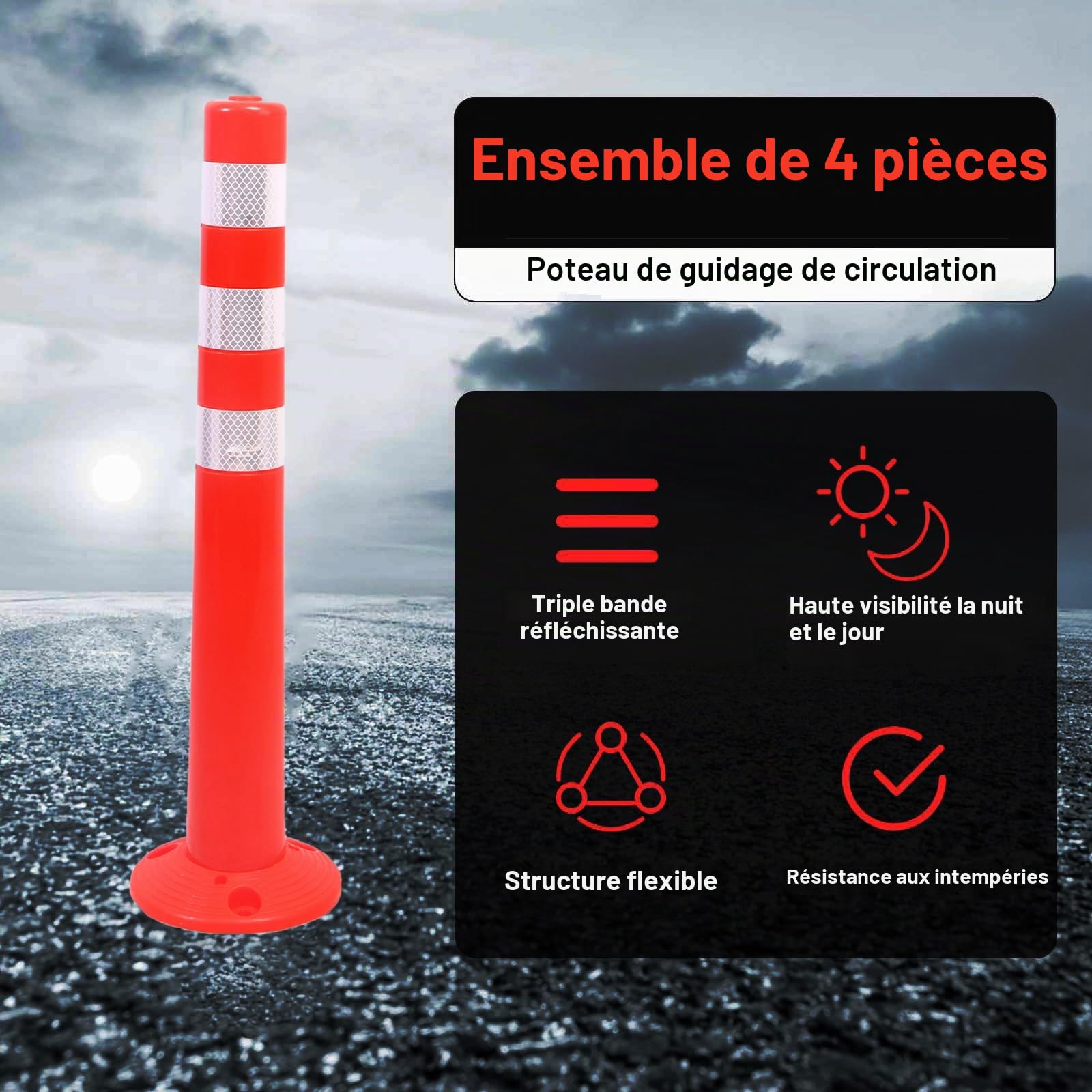Lot de 4 poteaux de marquage de 75 cm - Portables - Orange - Avec anneaux réfléchissants - Pour la construction de routes, la sécurité du parking et le contrôle de la circulation