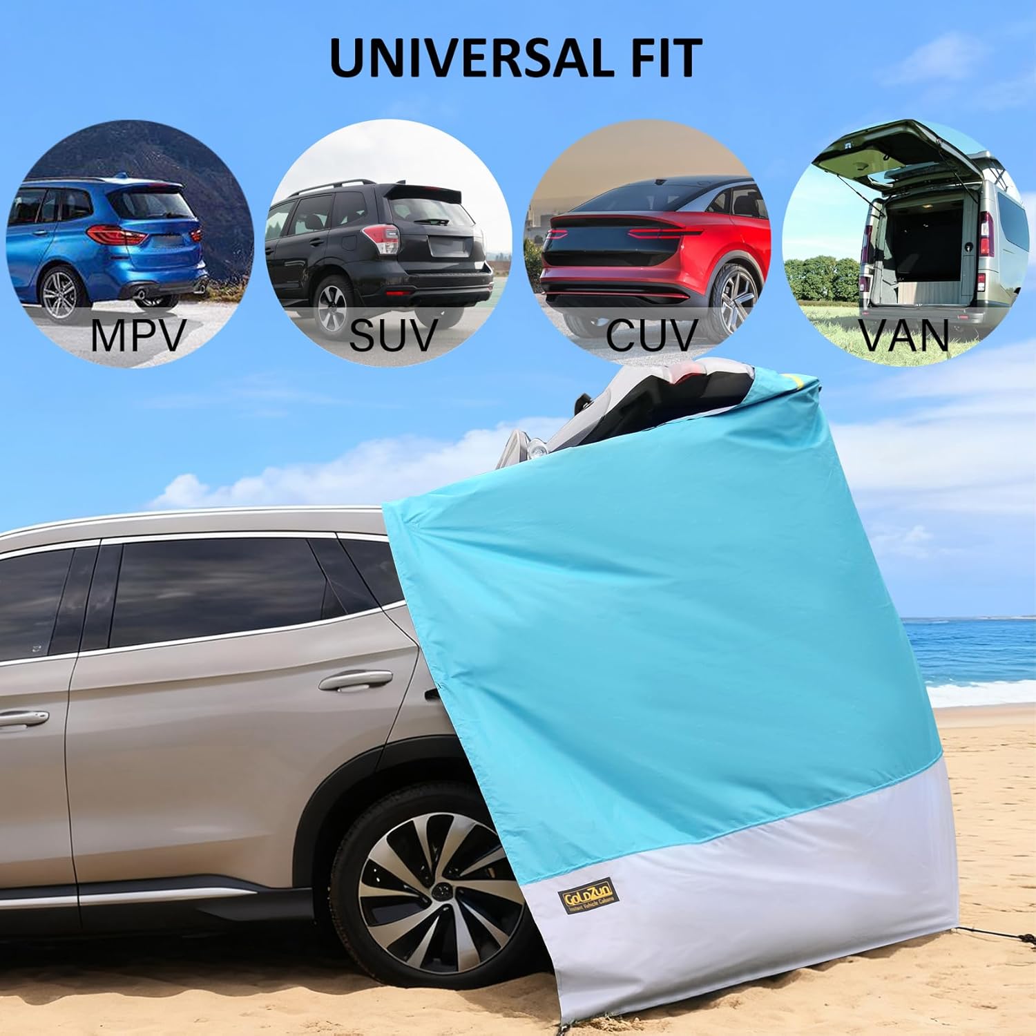 Hatchback Cabana with Magnets, 30 Second Setup Privacy Car Tent, Lightproof Changing Room for SUVs, Vans & MPVs, Turquoise & Blue