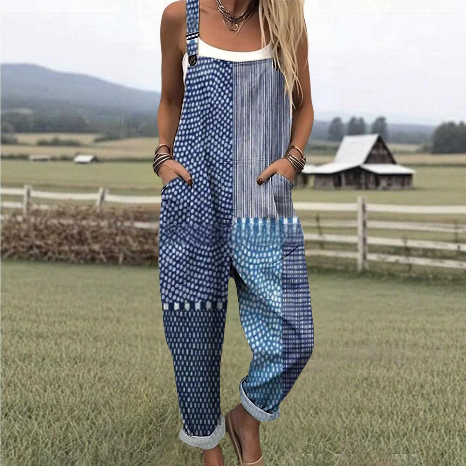 Salopettes Femme Ample Combinaison Sans Manches Jambes Larges Pantalon Avec Poches et motif floral Jumpsuit De Sport Grande Taille Style Bodysuit Bohème Vacances Overalls Casual Salopettes Bretelles