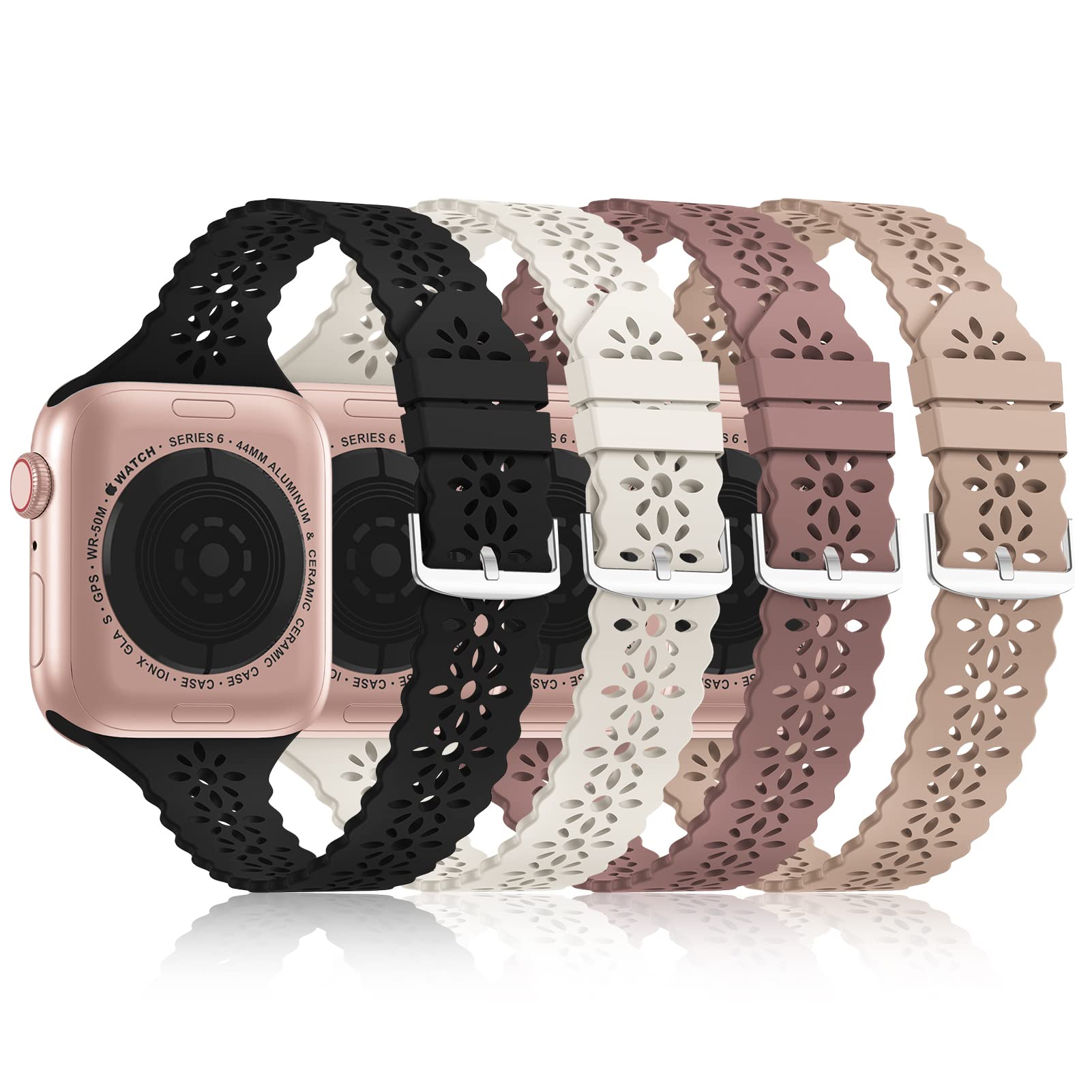 Bandiction 4 Pack Lace Silicone Bands Compatible with Apple Watch Bands 38mm 40mm 41mm 42mm 44mm 45mm 46mm 49mm, Women Slim Thin Hollow-out Wristband
