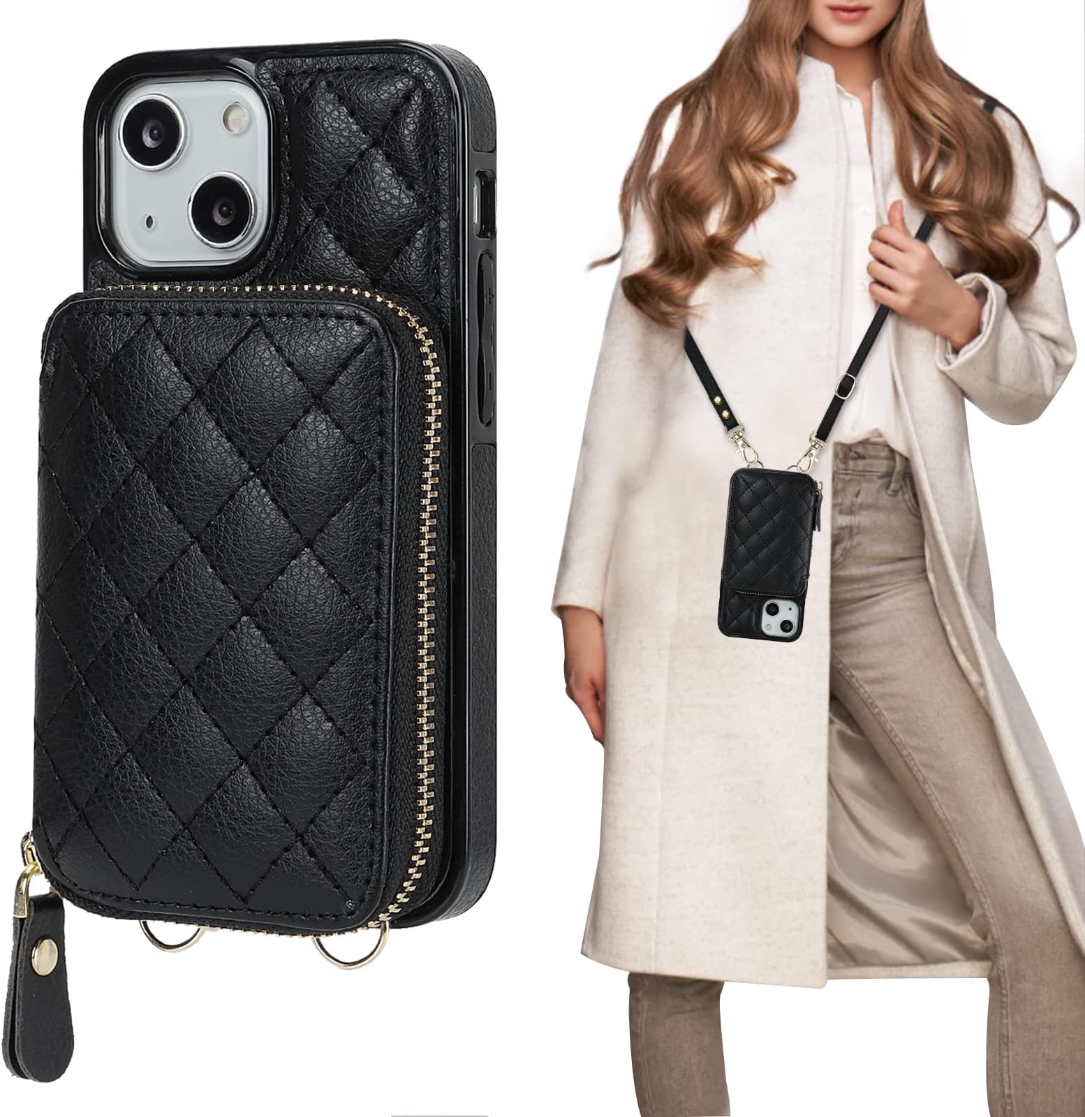 For IPhone 13 Wallet Case, Multiple Cards Holder Crossbody Shoulder Strap Ring Holder Kickstand Premium PU Leather Shockproof Lightweight Phone Case