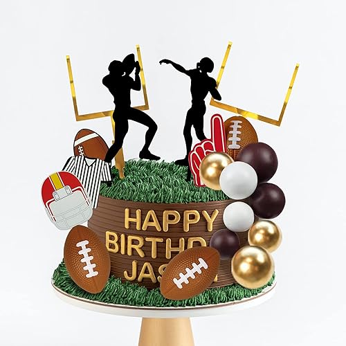 Miniatura 5 de Juego de 21 decoraciones de pastel de fútbol de 21 piezas, incluye acrílico de feliz cumpleaños, jugadores de pelota de rugby, decoración de