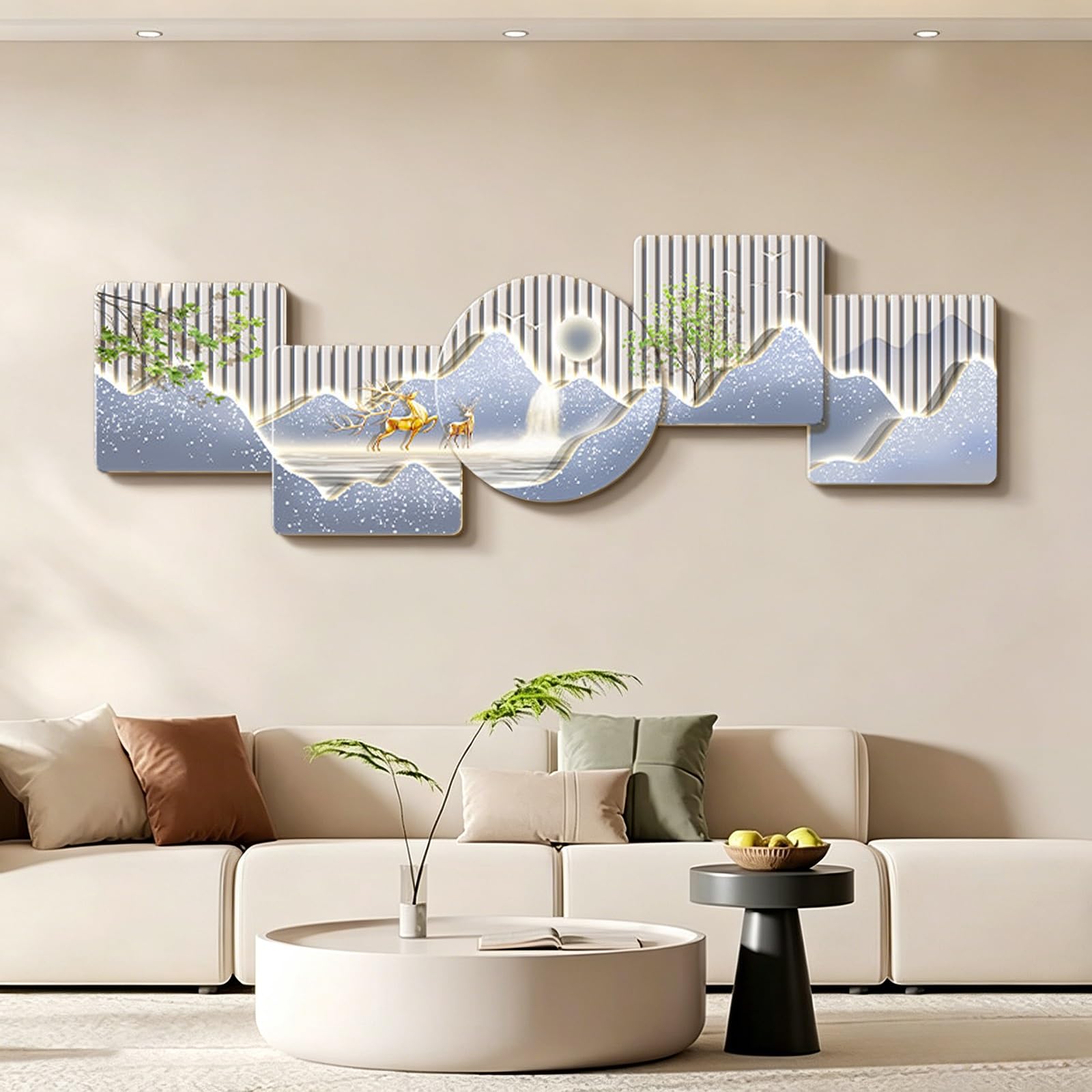 Tableau LED paysage montagne et cerf en céramique cristallisée 150x50cm