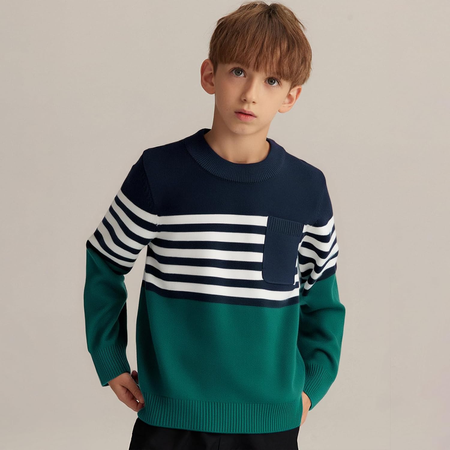 Danny D Boys Crewneck Pullover Sweater Kids Long Sleeve Knit Sweater with Pocket