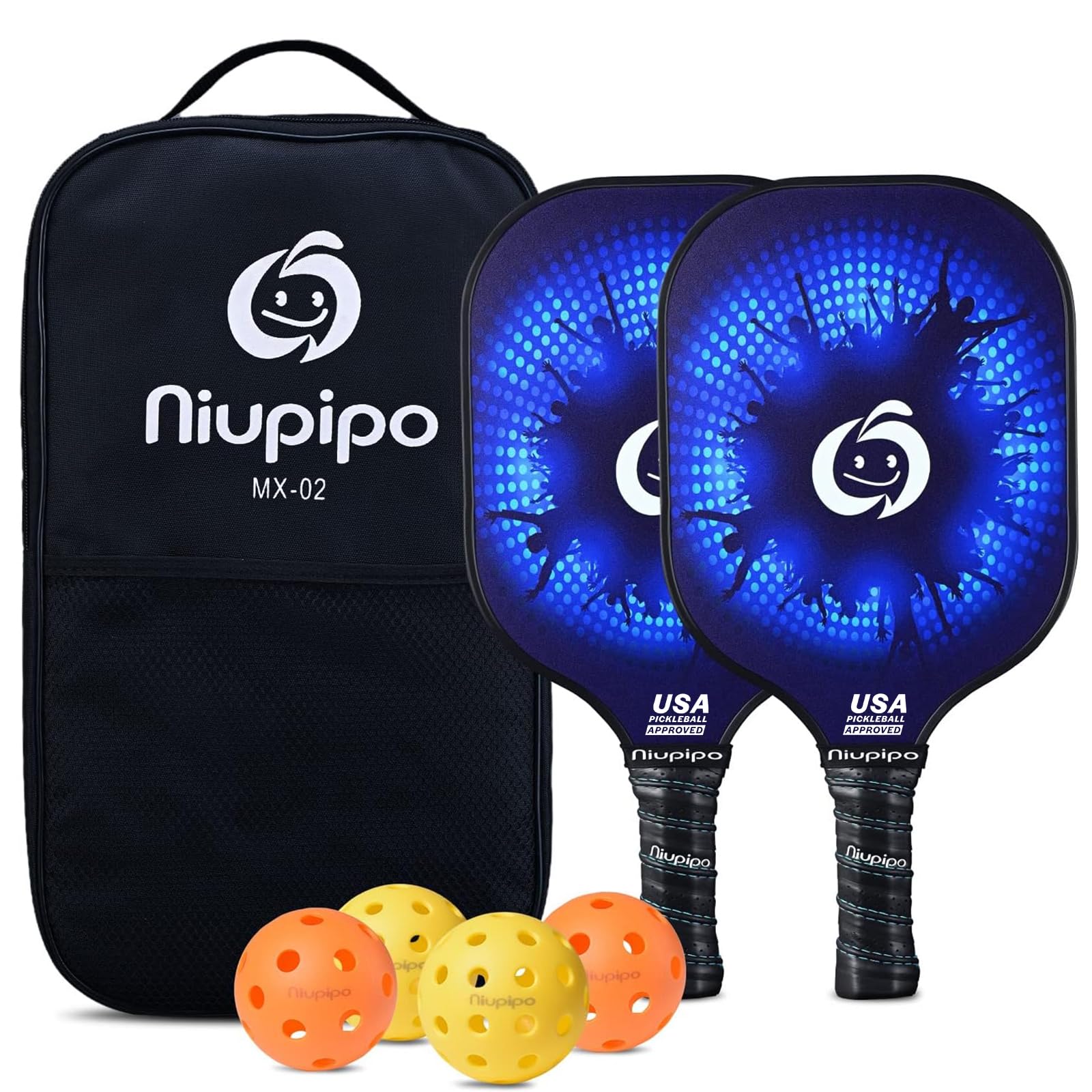 niupipo Pickleball Paddles - USA Approved Set of 2, Carbon Fiber Face, Polypropylene Honeycomb Core, Includes 4 Balls and 1 Bag