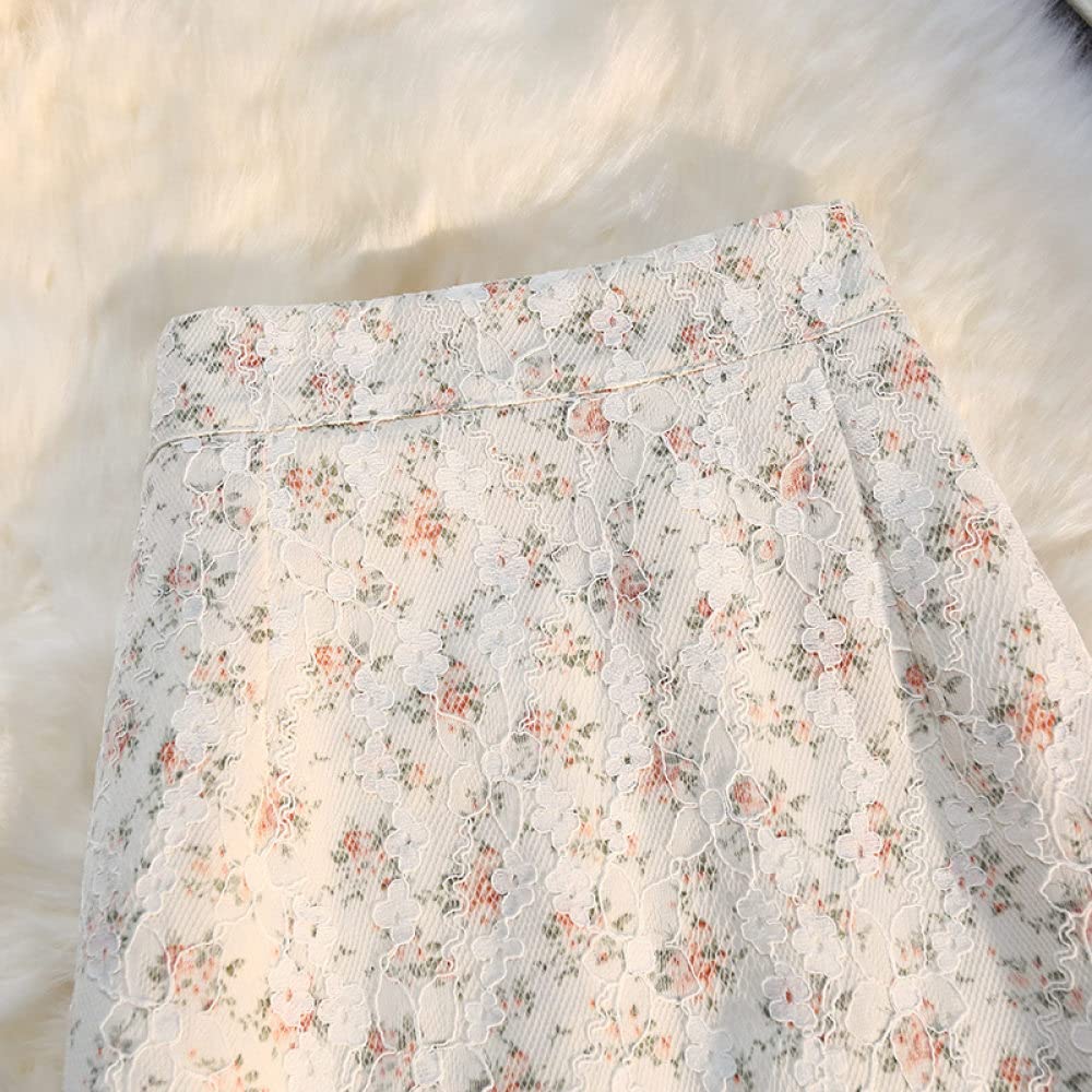 Gonne,Gonna Midi da Donna Elastica Bianca Vita Alta Gonna Floreale in Pizzo retrò Boho Spacco con Cerniera Gonne Lunghe Eleganti A-Line Increspate per Ragazze Signore,L