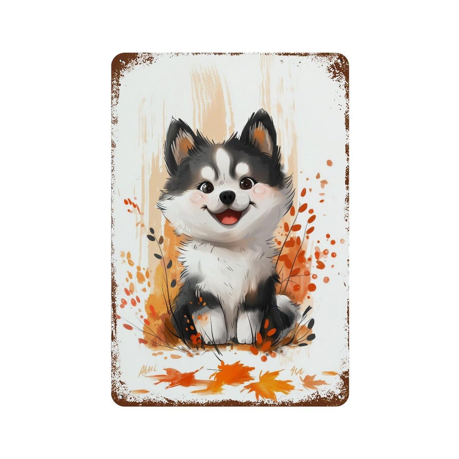 Adorable Husky Puppy Illustration 11.8"x7.9" Distressed Metal Wall Sign, Retro Wall Decor for Garage, Bar And Workshop Decor