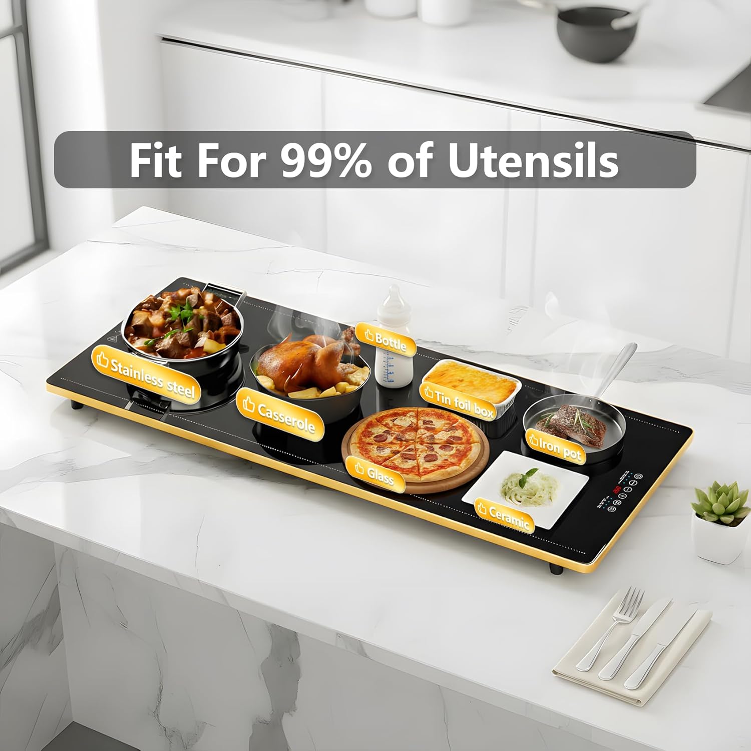 Electric Warming Trays for Buffets Party (XXL 40"x 14"): Warming Mat for Food Extra Large with Touchscreen, 9 Temp Modes, 24H Timer, Full Surface Heating, Tempered Glass Food Warmers, Gold Edge