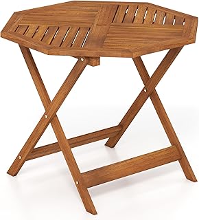 Tangkula Wood Patio Dining Table with 1.97" Umbrella Hole, 35.5" Outdoor Teak Oil Finish, Wooden Octagon Table with Slatted Tabletop, for Porch Balcony Deck Poolside Yard (1)