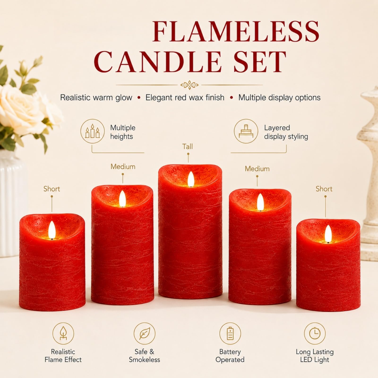 Mateju 8 Pezzi Candele LED Fiamma Oscillante con Telecomando e Timer, Candele LED Decorative a Batteria Luci Senza Fiamma Lunghe per Interni Esterni Camera da Letto Sala (Rosso)