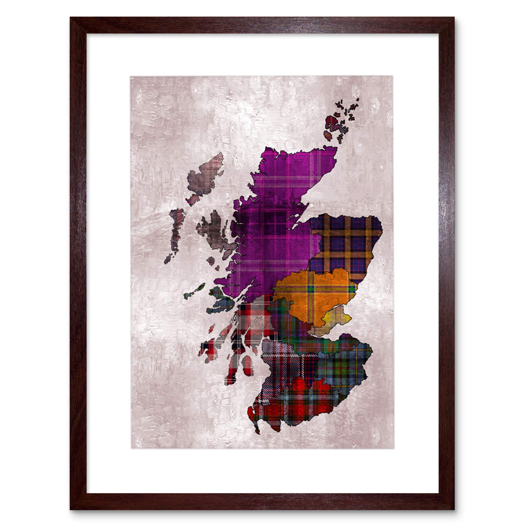 Wee Blue Coo Painting Map Outline Scotland Tartan Inset Regions Framed Wall Art Print