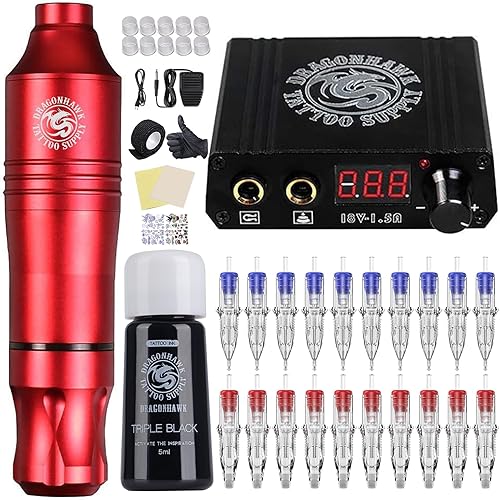 Dragonhawk Pro Complete Tattoo Pen Kit - Lightweight Tattoo Pen Machine 20Pcs Cartridges Needles Power Supplies for Tattoo Beginners 1013-7-2