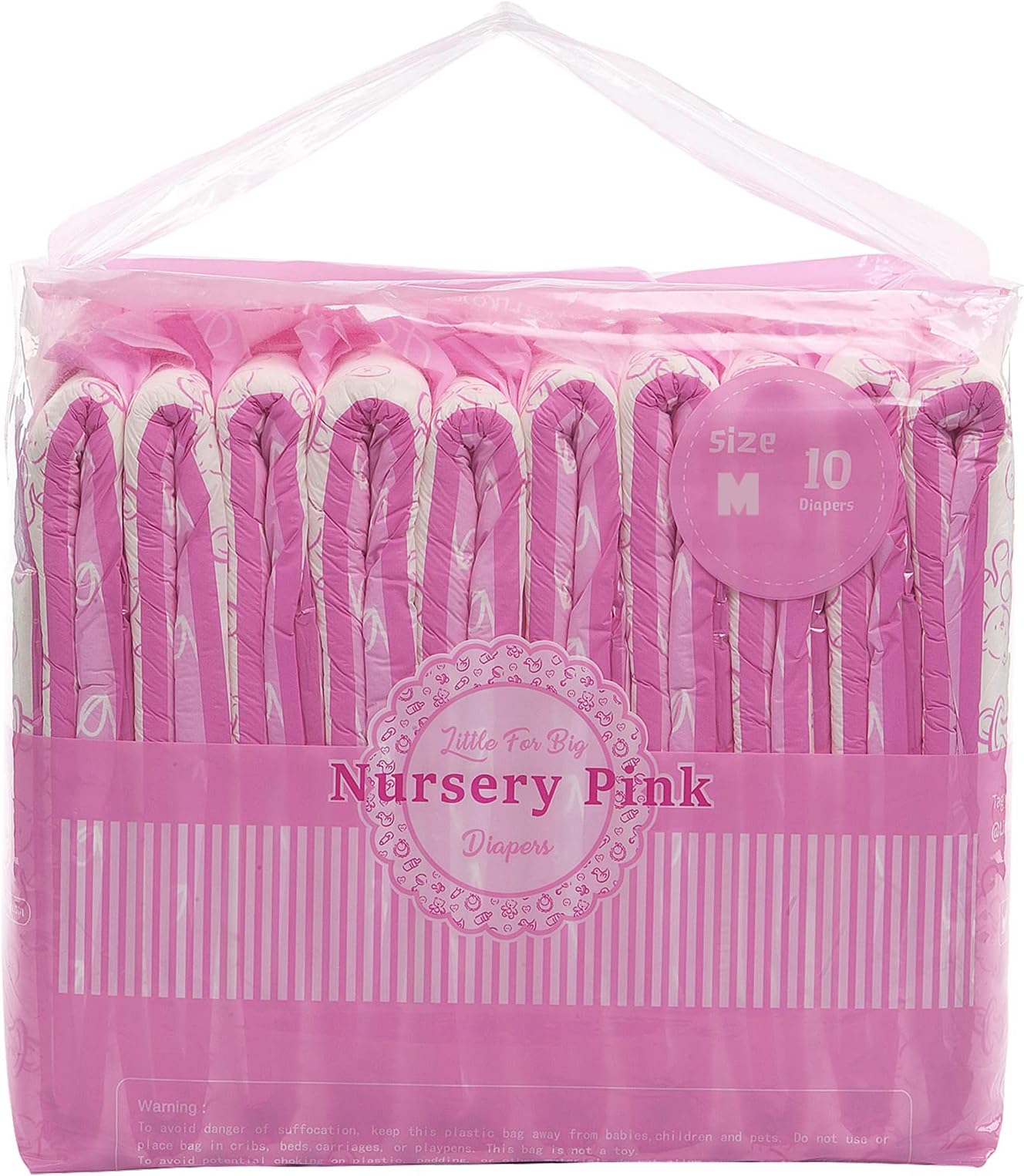 LittleForBig Printed Brief Diaper Incontinence Underwear 10 Pieces-Nursery Pink (Medium 28″-38″)
