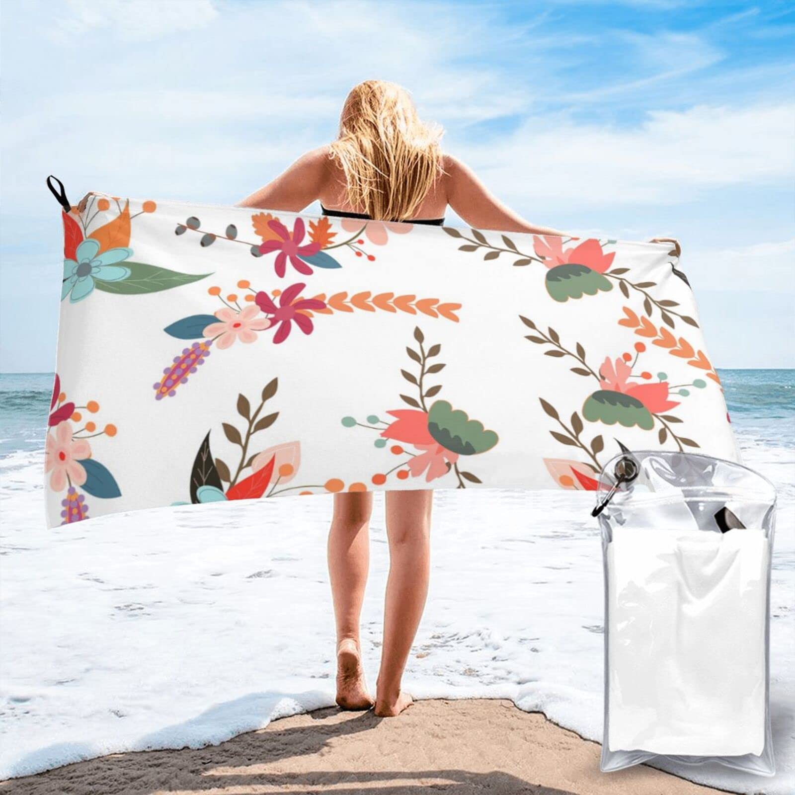 Lawenp Flowers and Leaves Pattern Microfiber Beach Towel Adults Large Quick Drying Bath Towel Travel Towels with Pouch 27.5"x55"