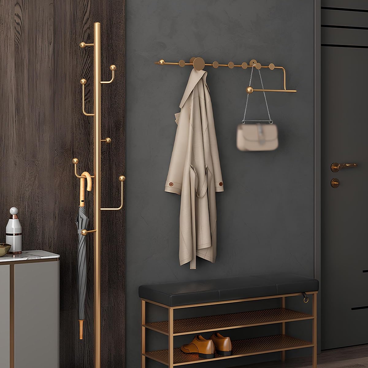 Stecktafel-Haken, 9 Hooks, Heavy Duty Metal Coat Rack, Modern Minimalist Wall Mounted Hook, Multi-Function, Suitable for Hats, Scarves, Coats, Bags(Gold)