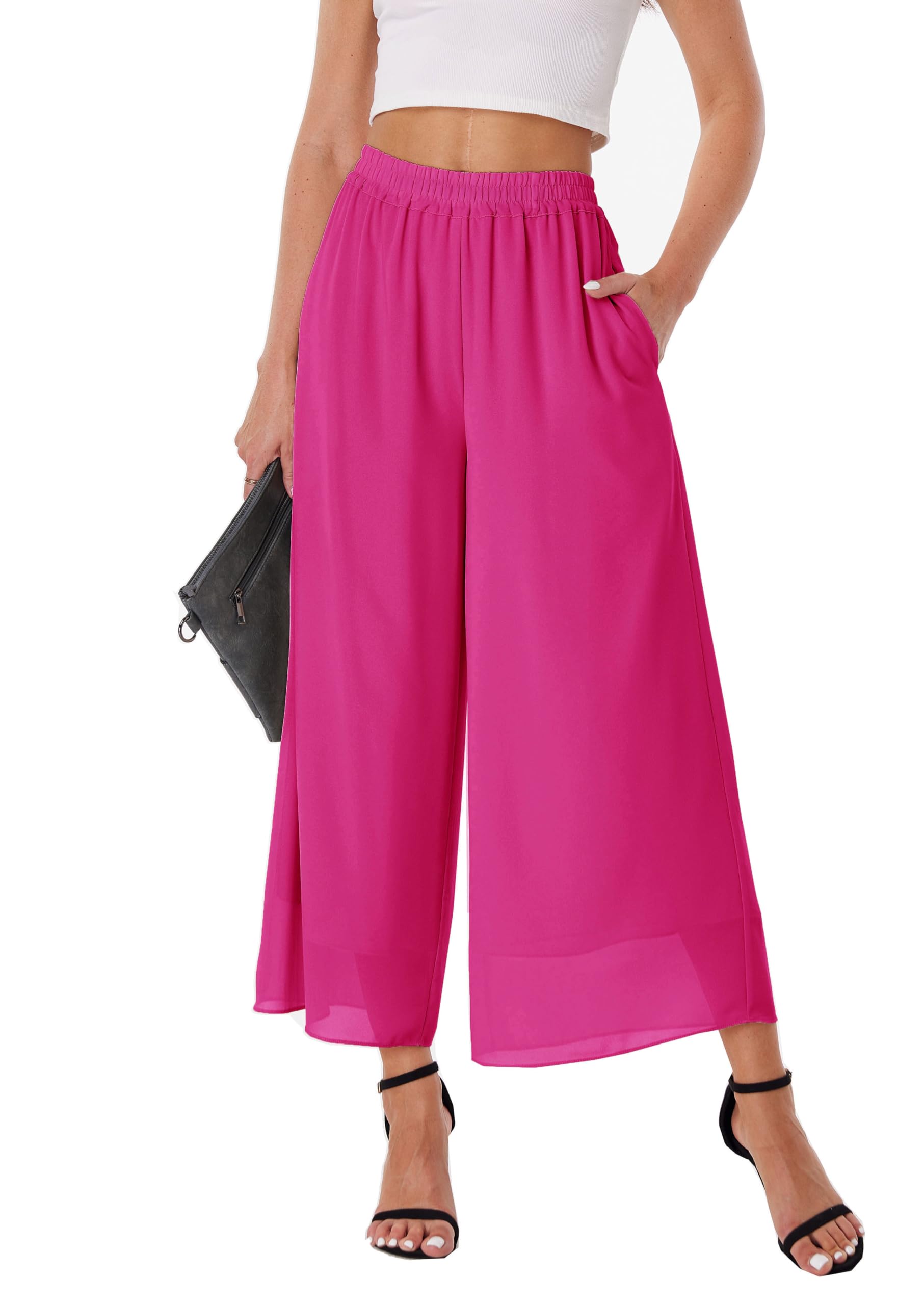 heipeiwa Womens Capris Crop Chiffon Pants Summer Beach Vacation Culottes Casual Dress Wide Leg Palazzo Pants