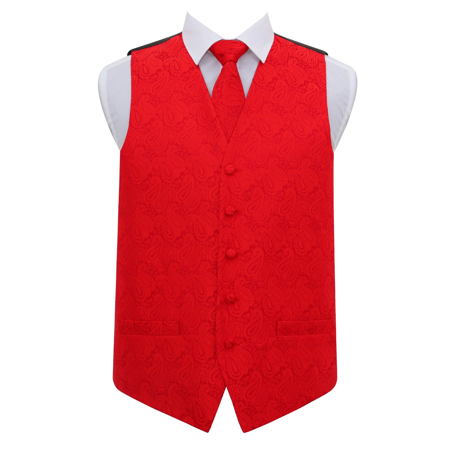 Dqt Men's Red Paisley Floral Waistcoat Tie Cufflinks & Pocket Square Set (4Pc) - Wedding, Business & Formal - 42" (Xl)