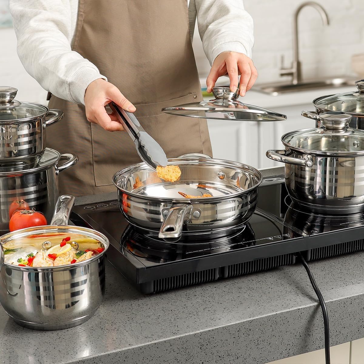 SMHLINE® 12-tlg Topfset Töpfe Set induktionsgeeignet Kochtopf Set Pfannen Edelstahl Kochgeschirr Pfannenset Glasdeckel Küchensets Bratpfanne