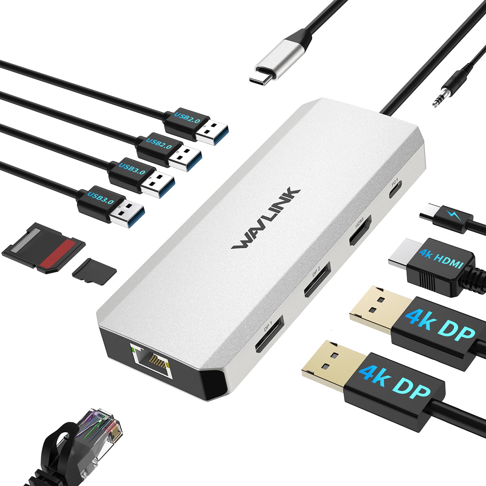 Estação de acoplamento para laptop, hub USB C triplo com 12 em 1 para Windows com DP