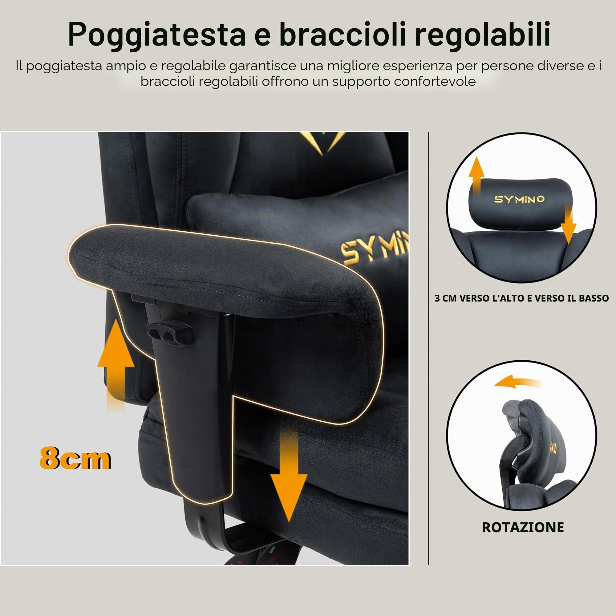 Symino Sedia Gaming con Poggiapiedi, Reclinabile 150°, Braccioli Regolabili in Altezza, Rivestimento in Microfibra Traspirante, Portata 150 kg