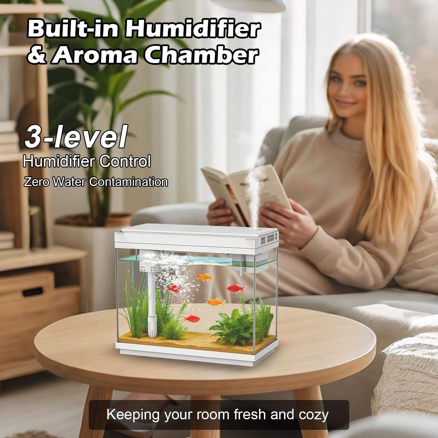 Aquarium intelligent avec pompe à eau silencieuse, petit aquarium de 8 litres avec kit de démarrage rapide, affichage de la température, humidificateur et lumières RVB, parfait pour la maison, le