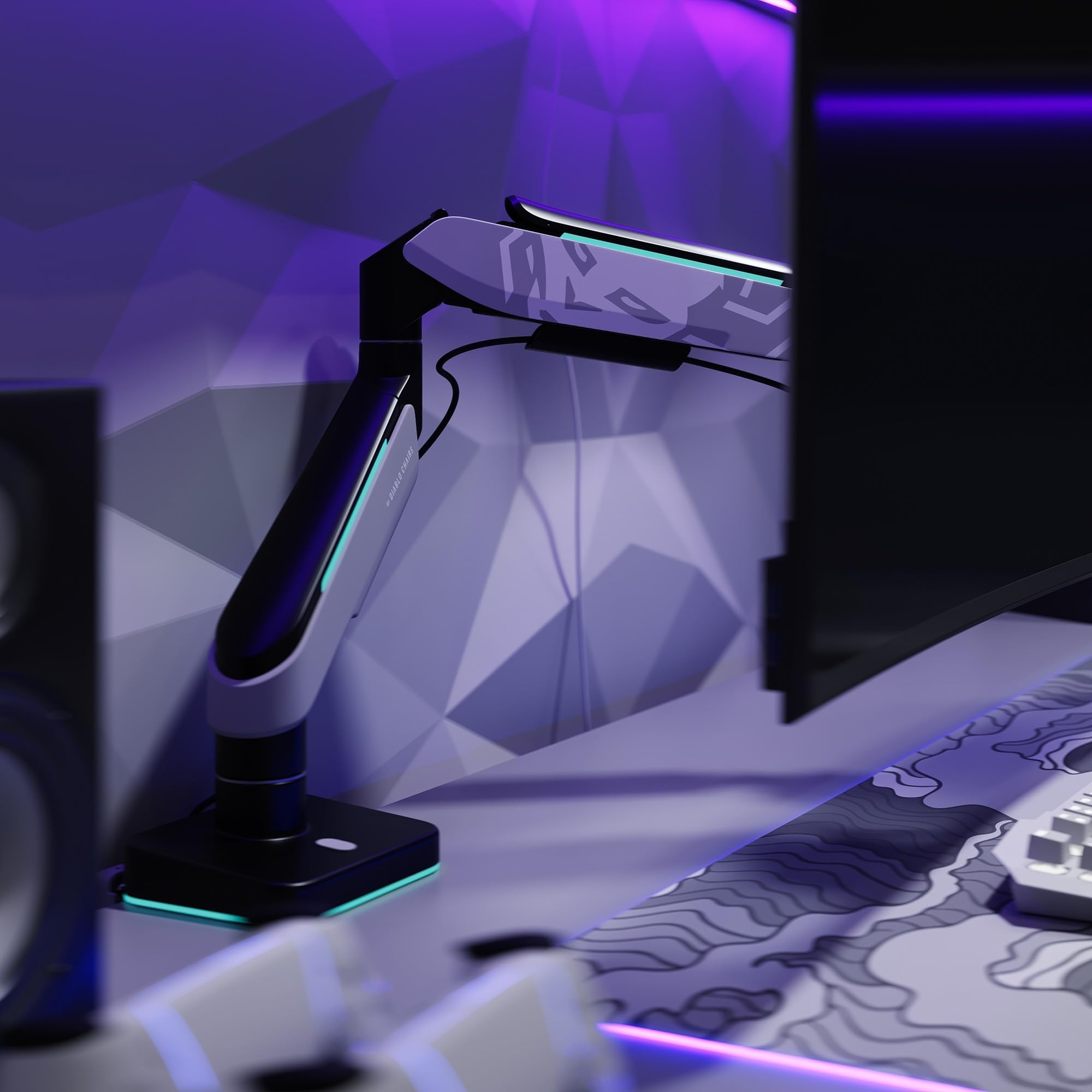 Ramię do monitora PC Diablo X-Arm 17-49 cali, stojak na monitor | Diody LED RGB | VESA 75 i 100 mm | Obrotowe | Zarządzanie kablami | Nośność do 20 kg | Zacisk biurkowy | Szaro-czarny