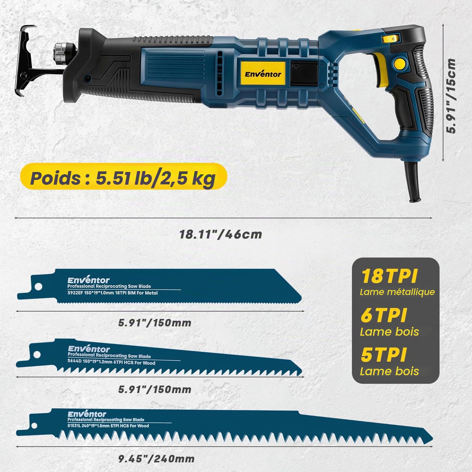 Enventor Scie Sabre 850W, 6 Lames, 2800 SPM Vitesse Variable, Course de 28mm, Changement de Lame sans Outil, Poignée Rotative à 180°, pour Bois, Métal, PVC et Élagage