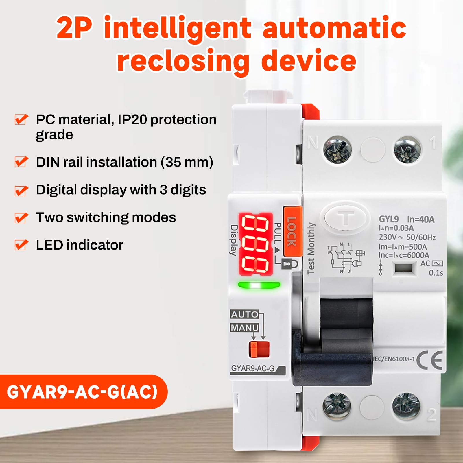 Differenziale Riarmo Automatico, 40A 30mA 2P Salvavita con Riarmo Automatico con LED Display AC230V RCCB interruttore differenziale a riarmo automatico GYAR9-AC-G Tipo AC