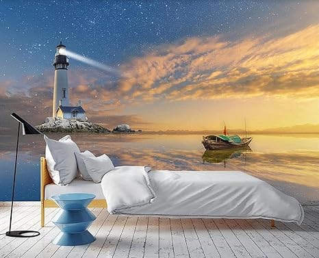 Amazon 不織布の3d壁紙をカスタマイズする 海の灯台カモメの星空の夕日 Hdアートプリント壁画ポスター画像大3d壁紙 350x245cm 壁紙