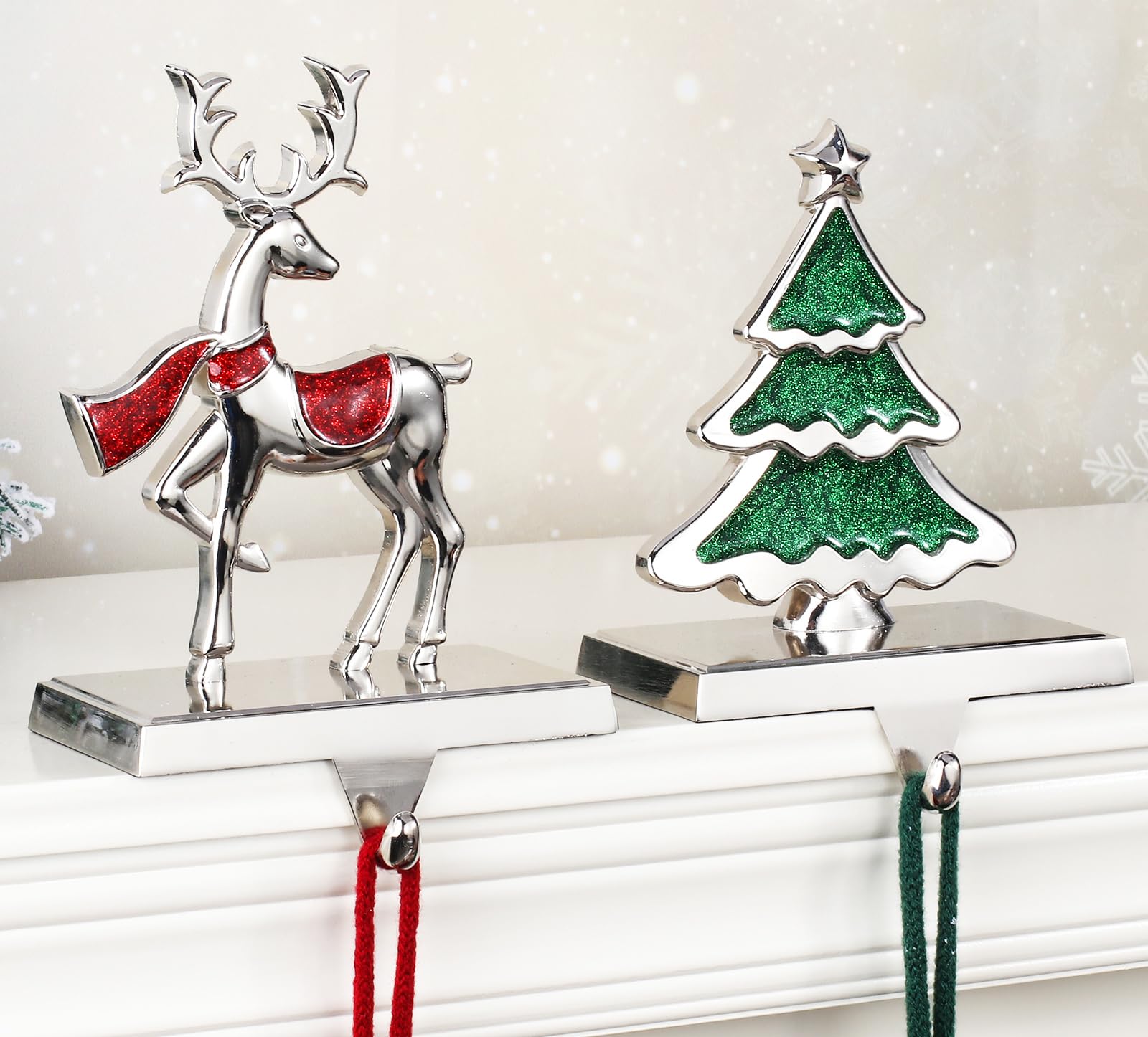 Christmas Stocking Hangers for Mantel Set of 2,Snowflake Stocking Holders for Fireplace Mantel Hooks Hanger for Christmas Stocking,Stockings Clip for Christmas Decor (Silver Tree Deer)