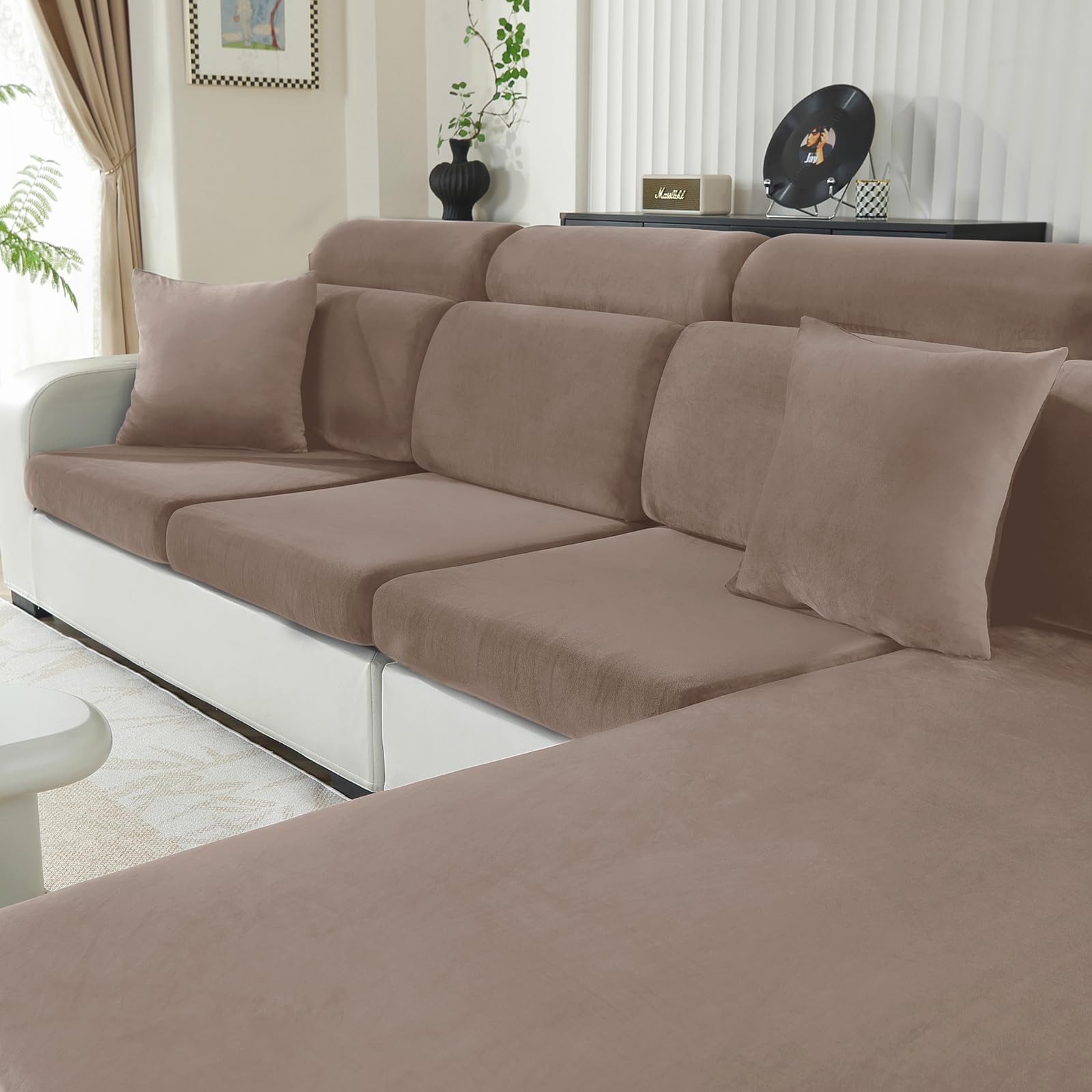 Velluto Copriseduta Divano Elasticizzato, Universale Copricuscini Divano Antiscivolo, Copridivano Cuscini Separati, Soft Sofa Seat Cover Lavabili(3 Posti, Cachi)