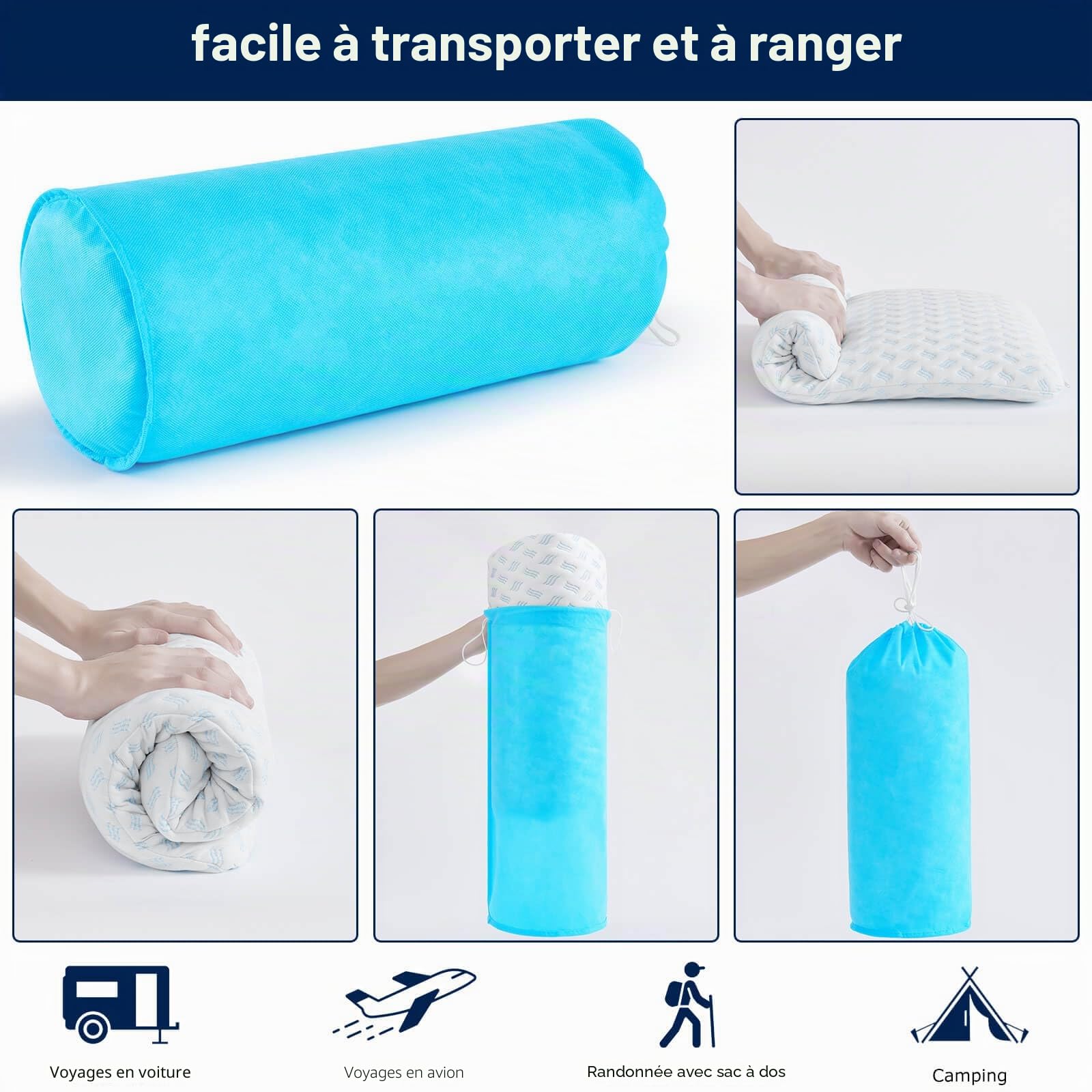 Oreiller en mousse à mémoire de forme, super fin, 40 x 60 x 7 cm, doux pour un sommeil réparateur, avec sac pour les voyages, le yoga, la méditation, avec housse lavable