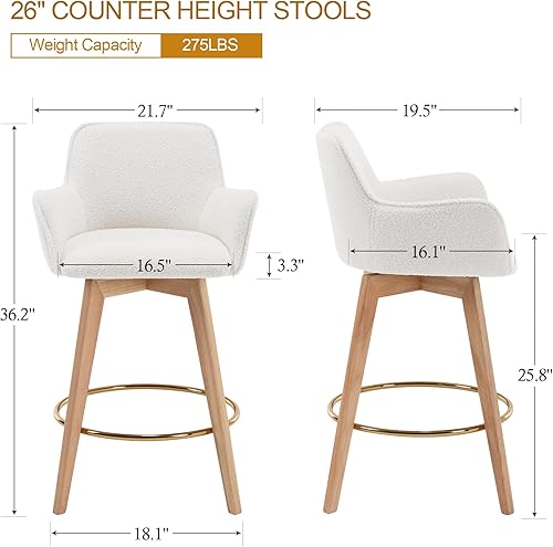 Miniatura 2 de ONEVOG Boucle Taburetes de bar de 26 pulgadas de altura de mostrador, sillas altas giratorias modernas con respaldo, brazo, reposapiés y patas de