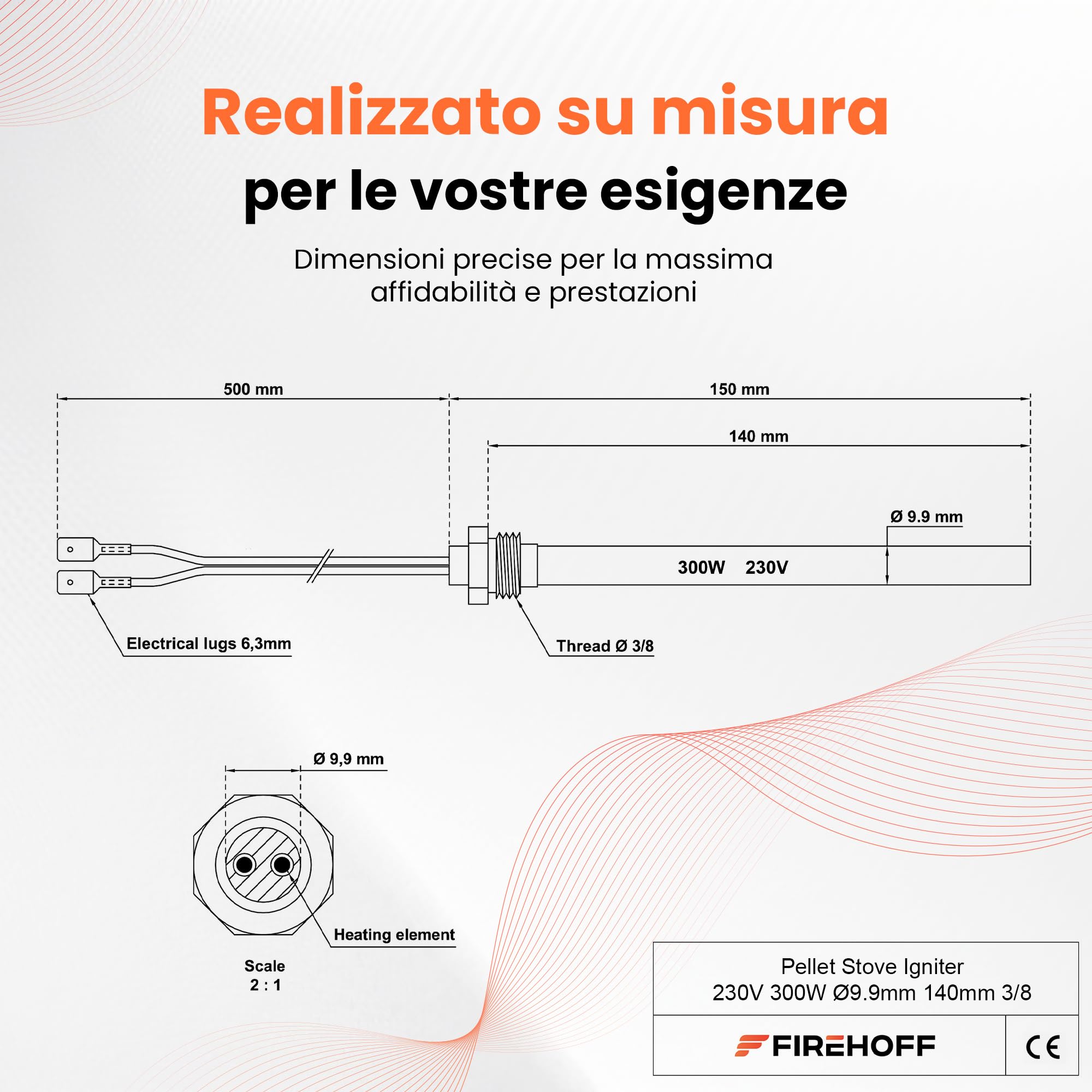 Candeletta Accensione Stufa Pellet 300W Diametro 9,9mm e Lunghezza 140mm (150mm Candeletta Accensione Stufa Pellet 300W Diametro 9,9mm e Lunghezza 140mm (150mm