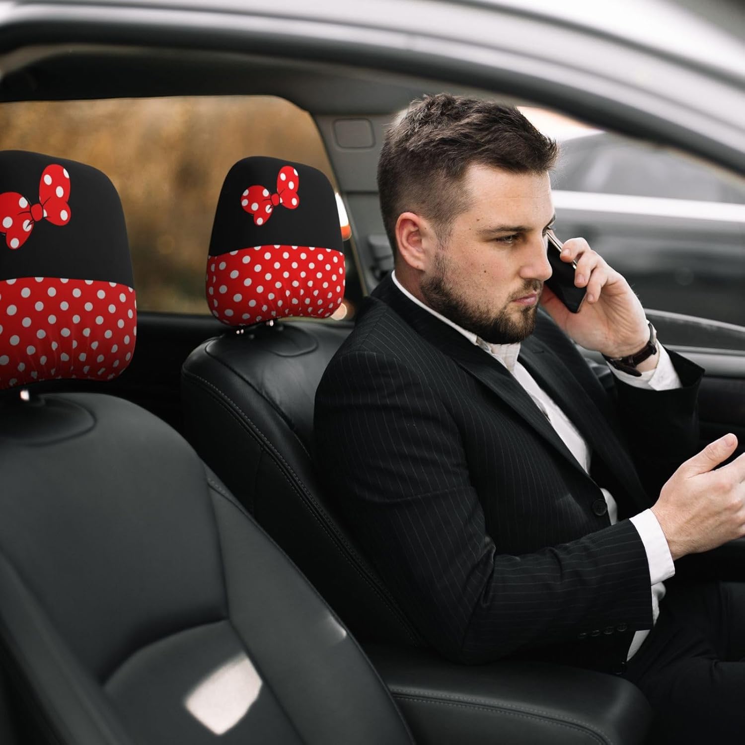 Cute Red Polka Dots Steering Wheel Cover with 2 Pack Car Seat Belt Covers and Car Seat Headrest Cover for Women