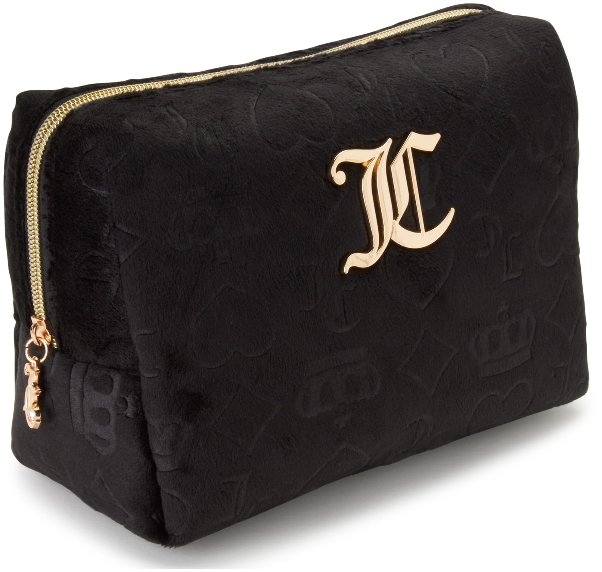 Juicy Couture Black Makeup Bag Cosmetics Organizer Travel Essentials Zip Top Wedge Velour Heart Crown