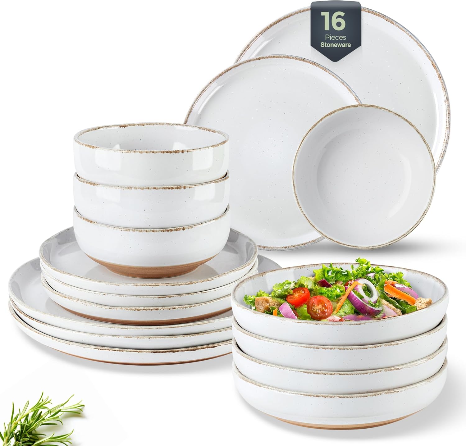 amorarc ceramic dinnerware sets with pasta bowls for 4, handpainted plates and bowls set with rustic terracotta underside, scratch resistant dishes set, dishwasher & microwave safe, 16 pcs-white white(handbrush rim) service for 4(with pasta bowls)