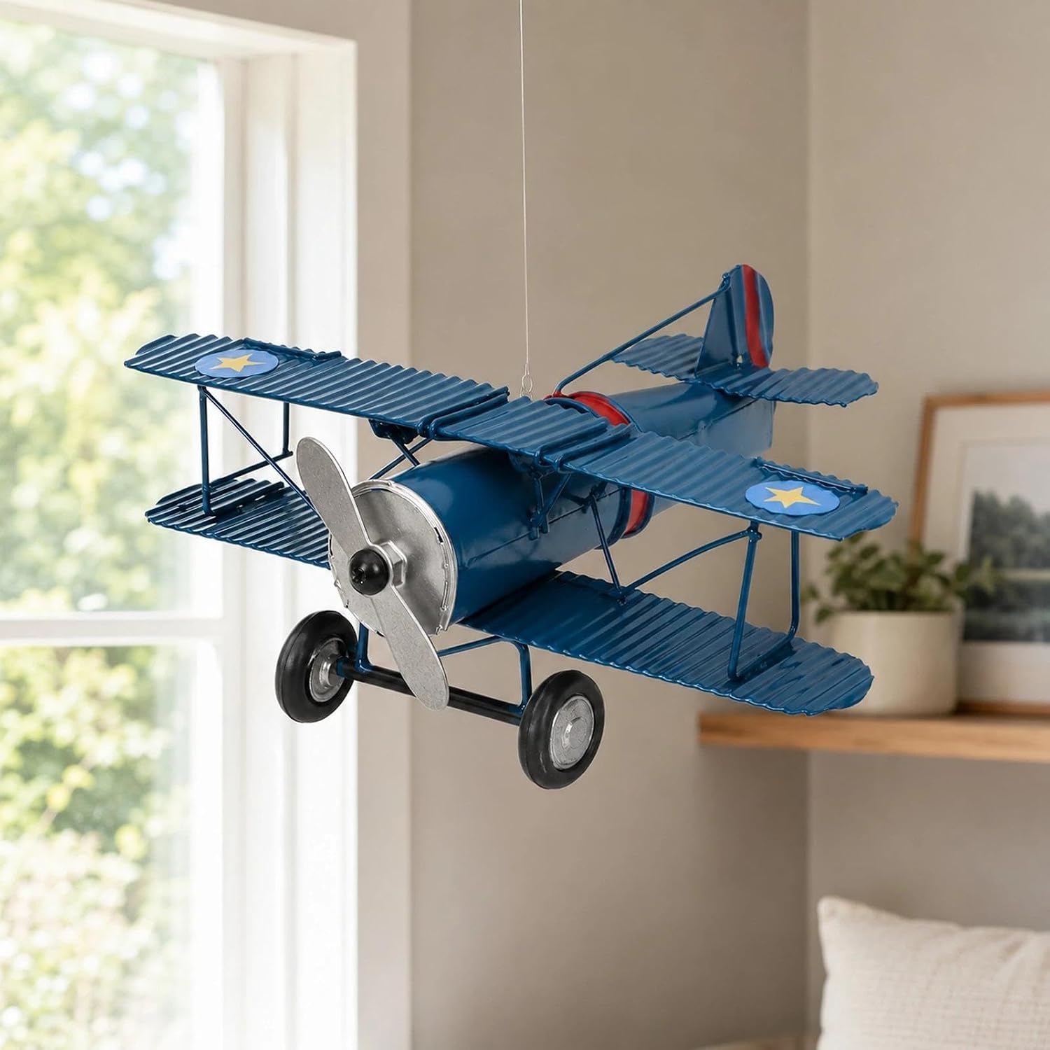 LOGOFUN Metal Iron Aircraft Biplane Model Blue | Vintage Airplane Decor, Retro Hanging Plane, Home Desktop Decoration, 16.00X13.00X5.50cm