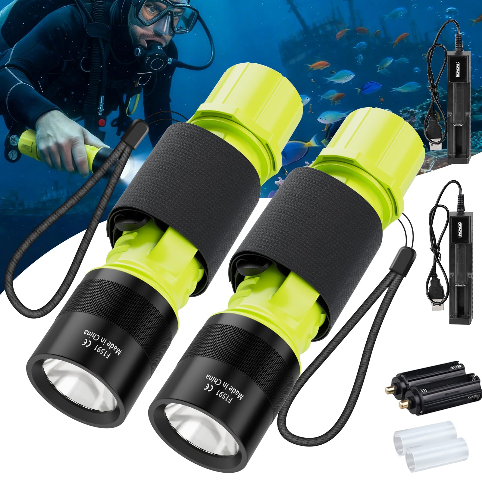 NAKCNM Tauchlampe 2 Stück, IPX8 Wasserdicht Wiederaufladbar Taucherlampe LED mit 3 Modi, 1200 Lumen Batteriebetrieben Unterwasser Taschenlampe Taucherleuchte zum Tauchen, Schnorcheln, Angeln
