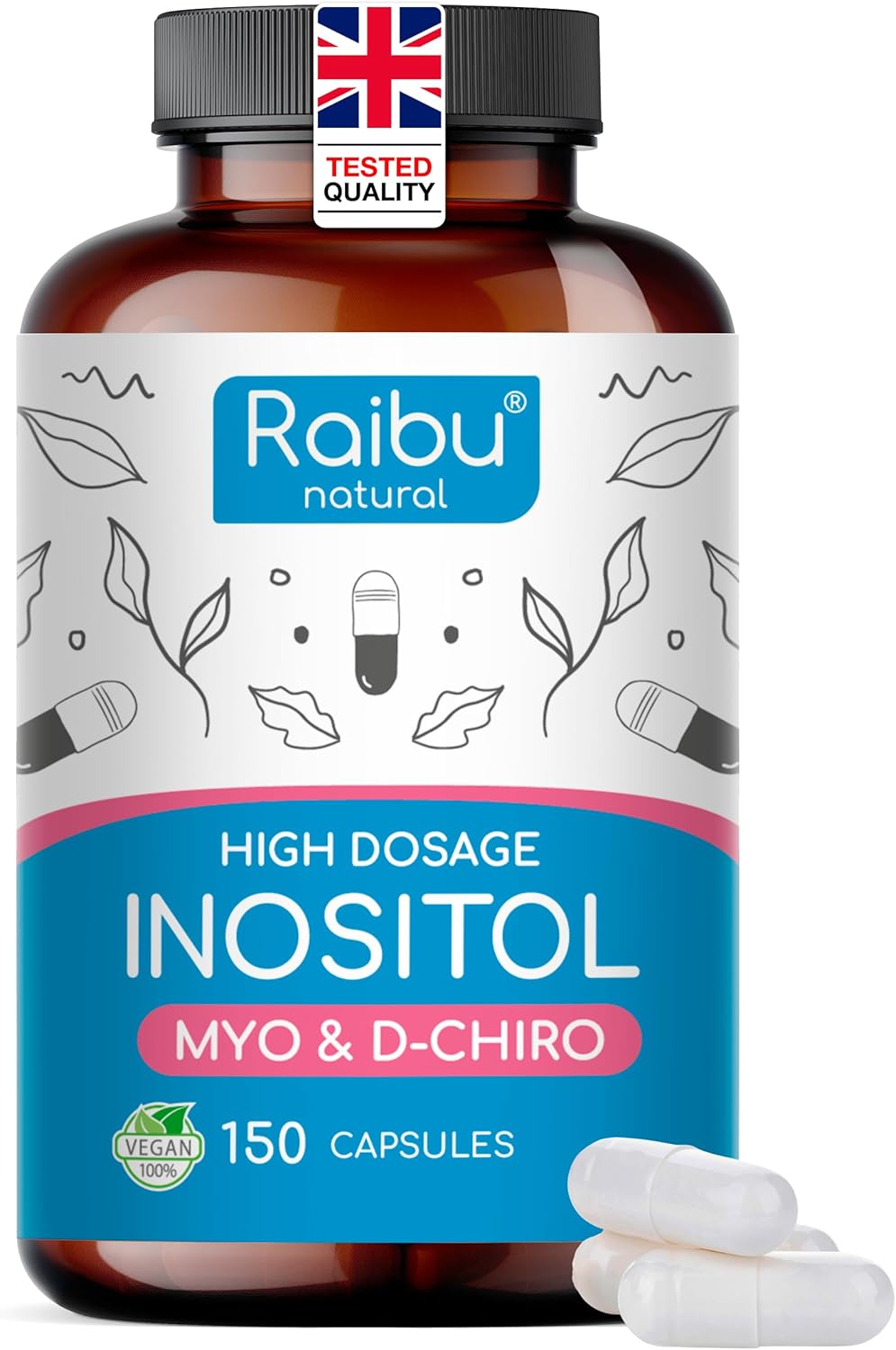 Myo Inositol & D Chiro Inositol Supplement 150 Capsules – PCOS & Hormonal Balance Support – Enriched with Folic Acid, Vitamin B6 & Chromium – High Strength Vegan Capsules from Raibu