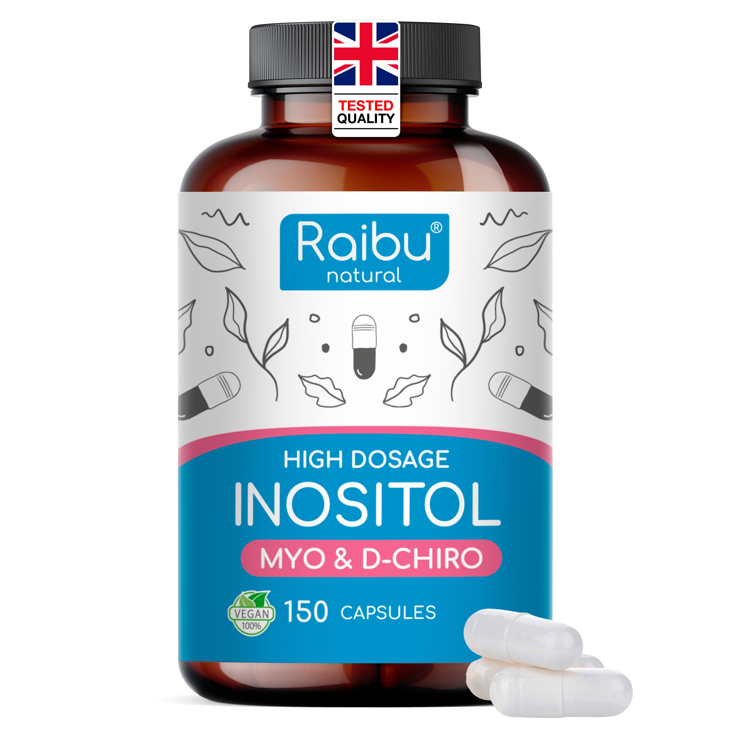 Myo Inositol & D Chiro Inositol Supplement 150 Capsules - PCOS & Hormonal Balance Support - Enriched with Folic Acid, Vitamin B6 & Chromium - High Strength Vegan Capsules from Raibu