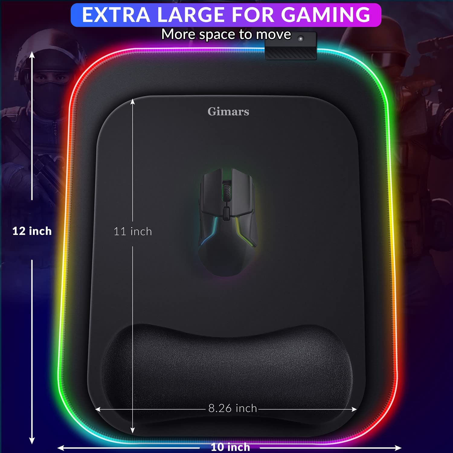 Gimars Tappetino Mouse RGB Poggiapolsi, 10 Modalità LED, 304x254mm Mouse Pad XL Ergonomico, Poggiapolsi Mouse Gaming Base in Gomma Antiscivolo, Tessuto in Lycra per Laptop, PC, Ufficio
