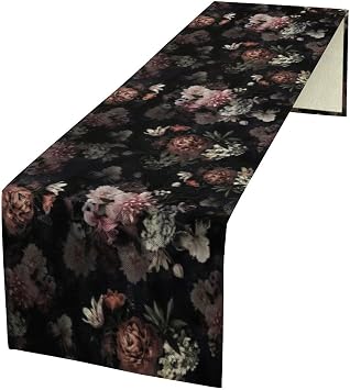 Black Floral Table Runner,Vintage Pink Rose Peony Boho Flower Garden Botanical Colorful Country Spring Summer Seasonal Dinner Runner for Kitchen Dining Holiday Party 13x60in