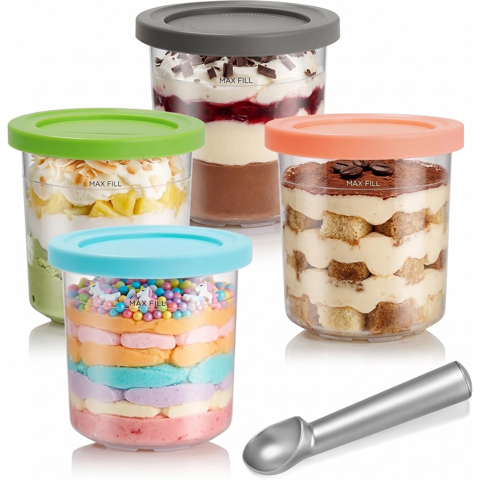 Set di contenitori per Ninja Creami, 4 Pezzi di Bicchieri sostitutivi e Set di contenitori Deluxe, Bicchieri da 500 ml con coperchi Colorati, Senza BPA e Lavabili in lavastoviglie,