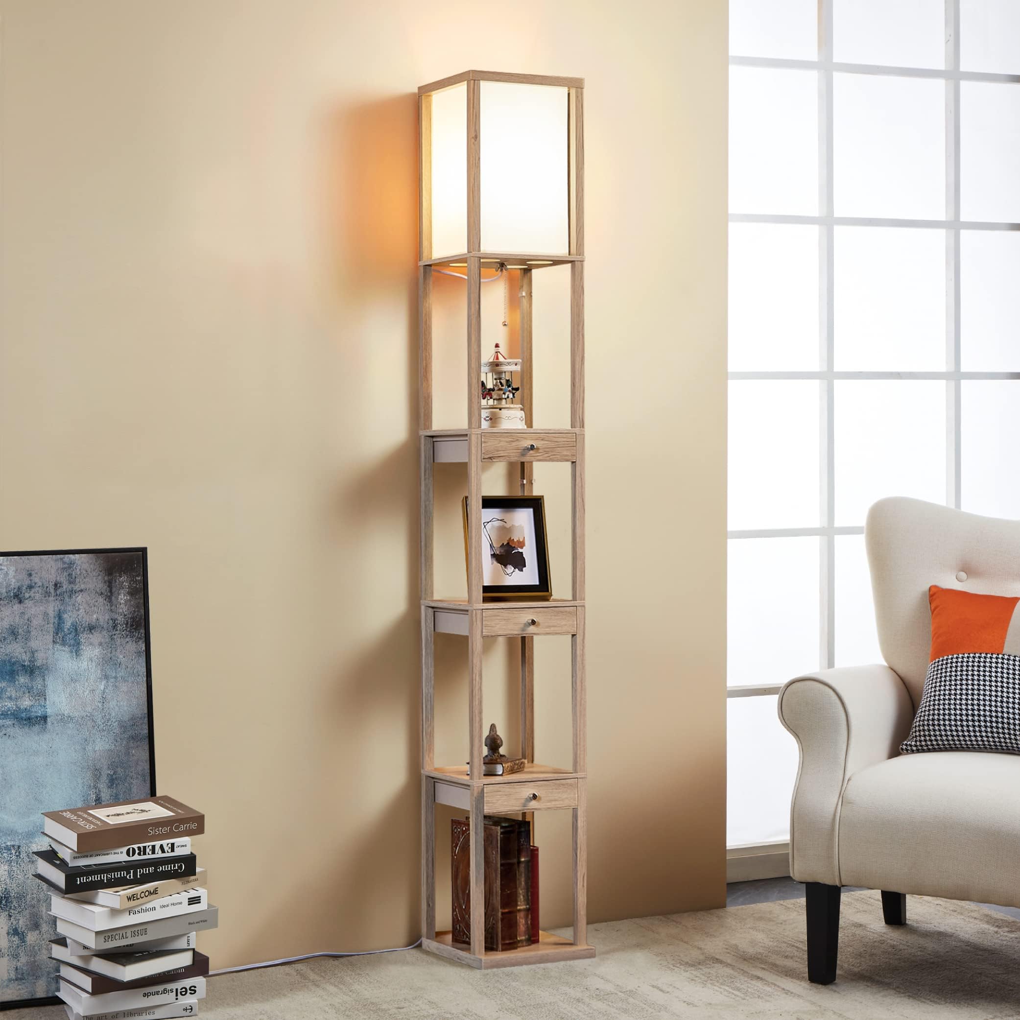 ATAMIN Shelf Floor Lamp with Storage Drawers – Wooden Standing Lamp with Pull Chain and Warm LED Lighting – Perfect for Bedroom, Living Room, Small Spaces Aaron