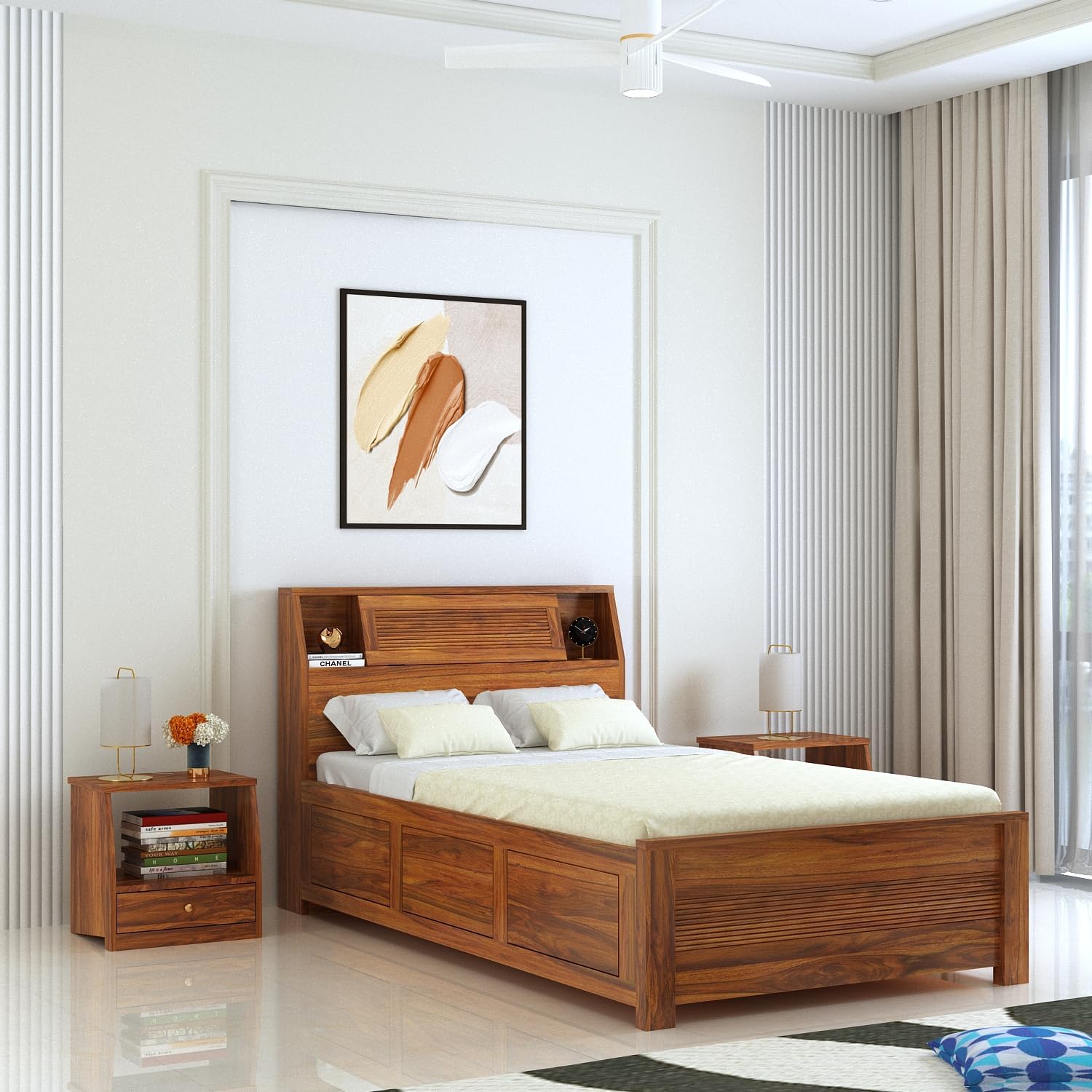 Ganpati Arts Solid Sheesham Wood Marine Groove 4 Feet Bed with Box Storage and Large Headrest for Living Room, Bedroom and Home (Natural Finish) 1 Year Warranty-image-36