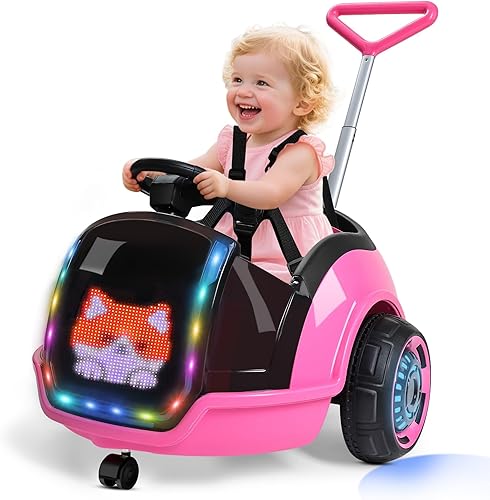 Miniatura 12 de ANPABO Auto eléctrico 3 en 1, juguete de paseo para niños de 12 V con control remoto, giro de 360°, pantalla LED, cinturón de seguridad de 5 puntos,