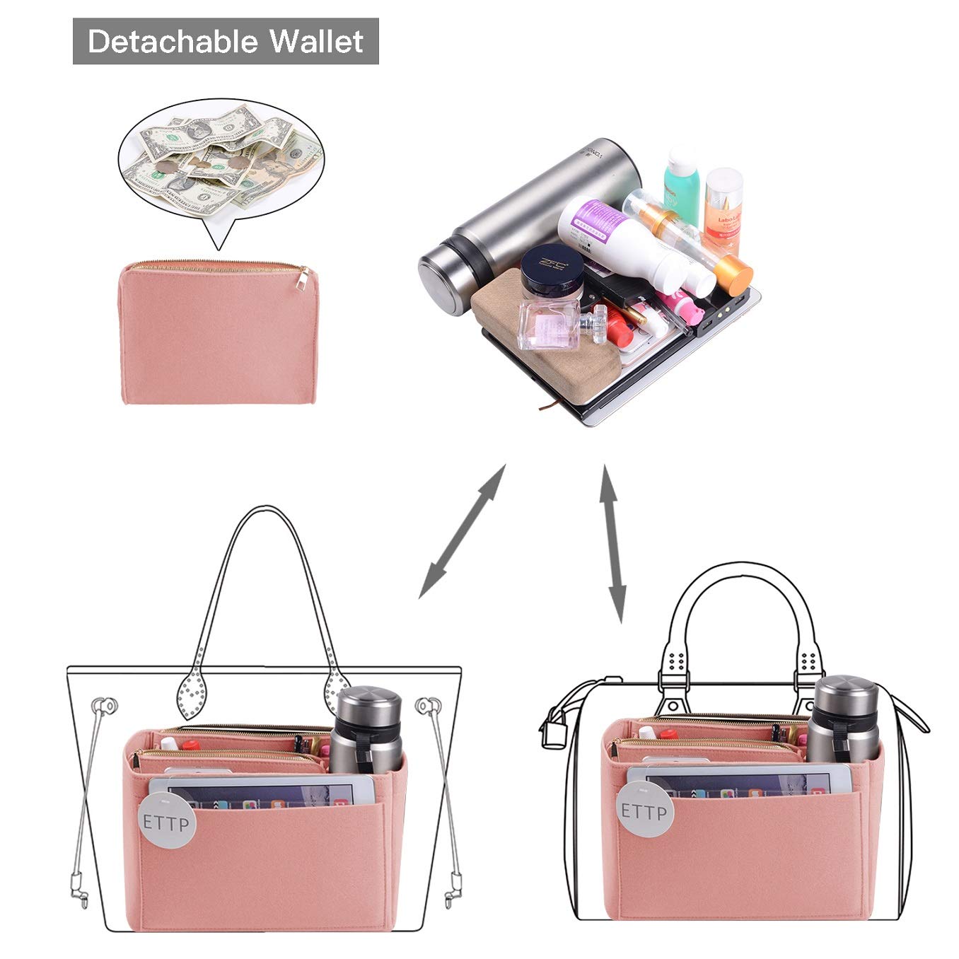 Neverfull, filcowy organizer na torebkę, 6 kolorów, 3 rozmiary (rozmiar M, szczotkowany róż)